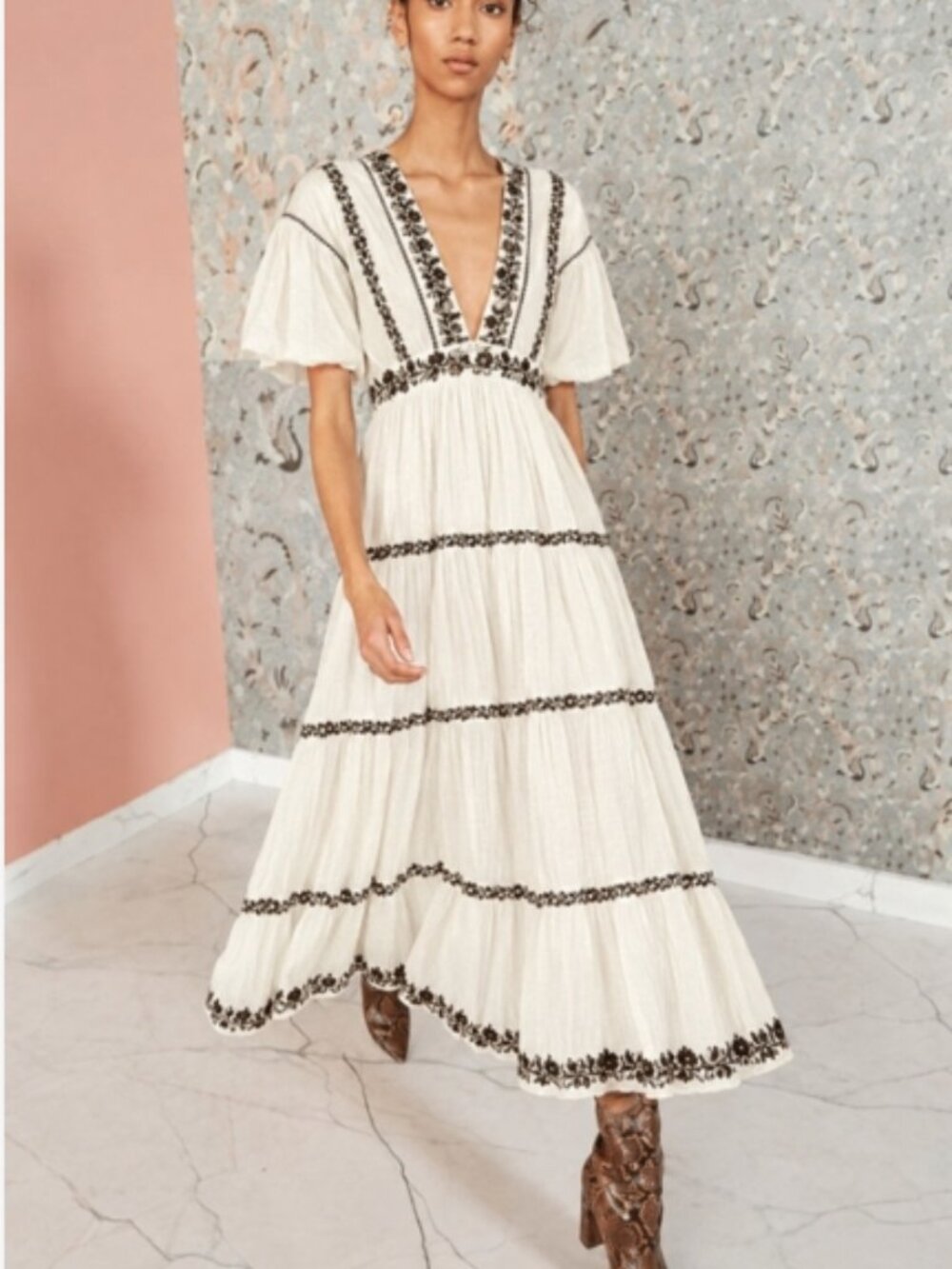 NWT ULLA JOHNSON Alma Embroidered Sequined Midi Dress in Blanc S $795